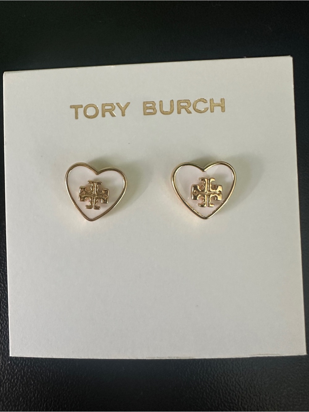 Tory Burch White Enamel Heart Logo Stud Earrings with Gold Trim